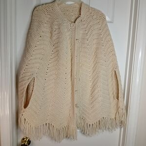 Vintage Ivory Knit Poncho with Fringe